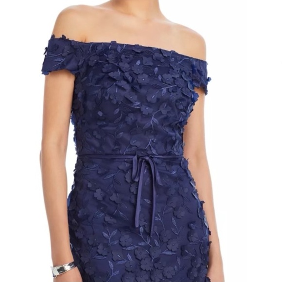 NWOT Eliza J Navy Off The Shoulder 3D Floral Evening Dress Size 2 - Picture 2 of 16